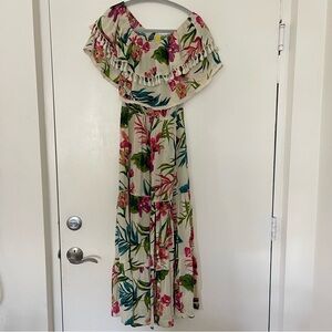 FARM Rio Cream Tropical Floral Off-Shoulder Maxi Dress
